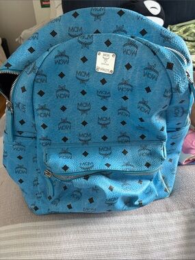 MCM Turquoise Visetos Monogram Backpack with Silver Plaque